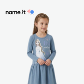 NAME IT DUSTY BLUE ELSA PRINT LONG-SLEEVE DRESS