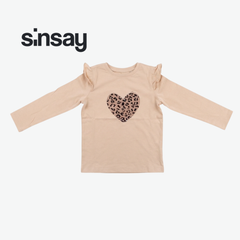SINSAY CAMEL LEOPARD HEART RUFFLE LONG-SLEEVE T-SHIRT