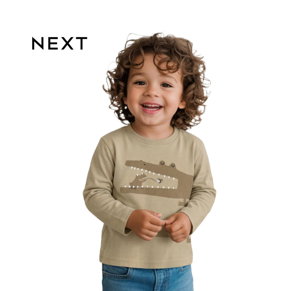 NEXT WARM MUSTARD FULL SLEEVES T-SHIRT WITH CROCODILE GRAPHIC