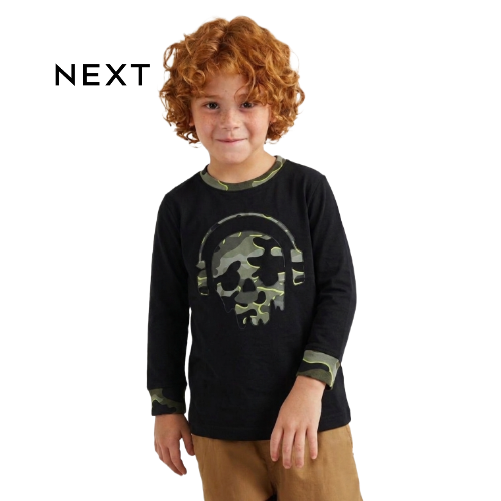 NEXT BLACK FULL SLEEVES T-SHIRT WITH SKULL GRAPHIC