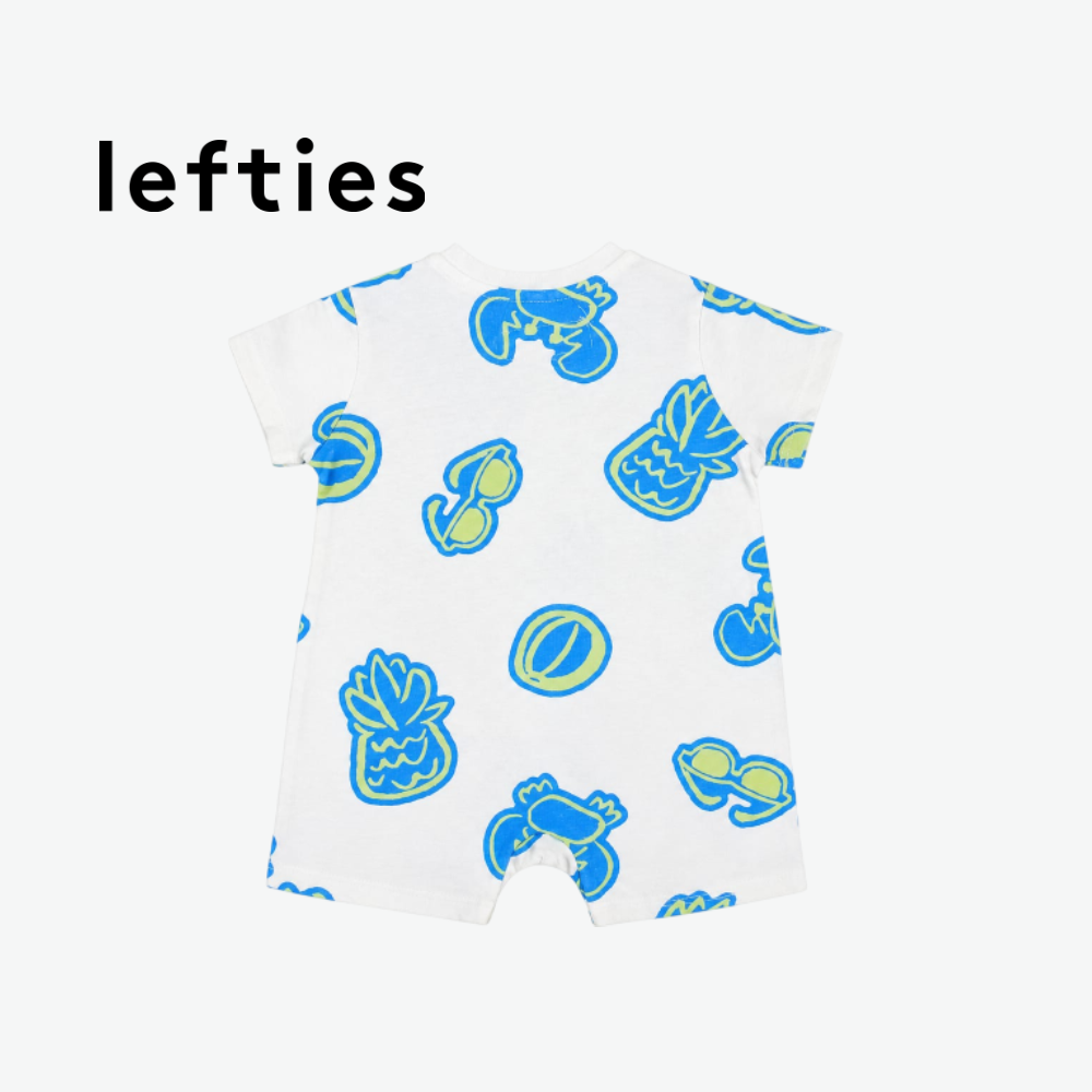 LEFTIES WHITE ROMPER WITH BEACH ELEMENT DOODLES