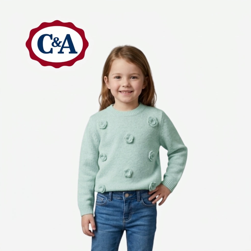 C&A MINT GREEN FLORAL APPLIQUÉ KNIT SWEATER