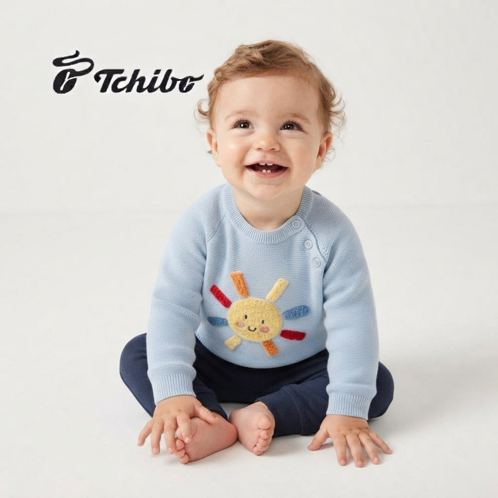 TCHIBO LIGHT BLUE SUN EMBROIDERED KNIT SWEATER