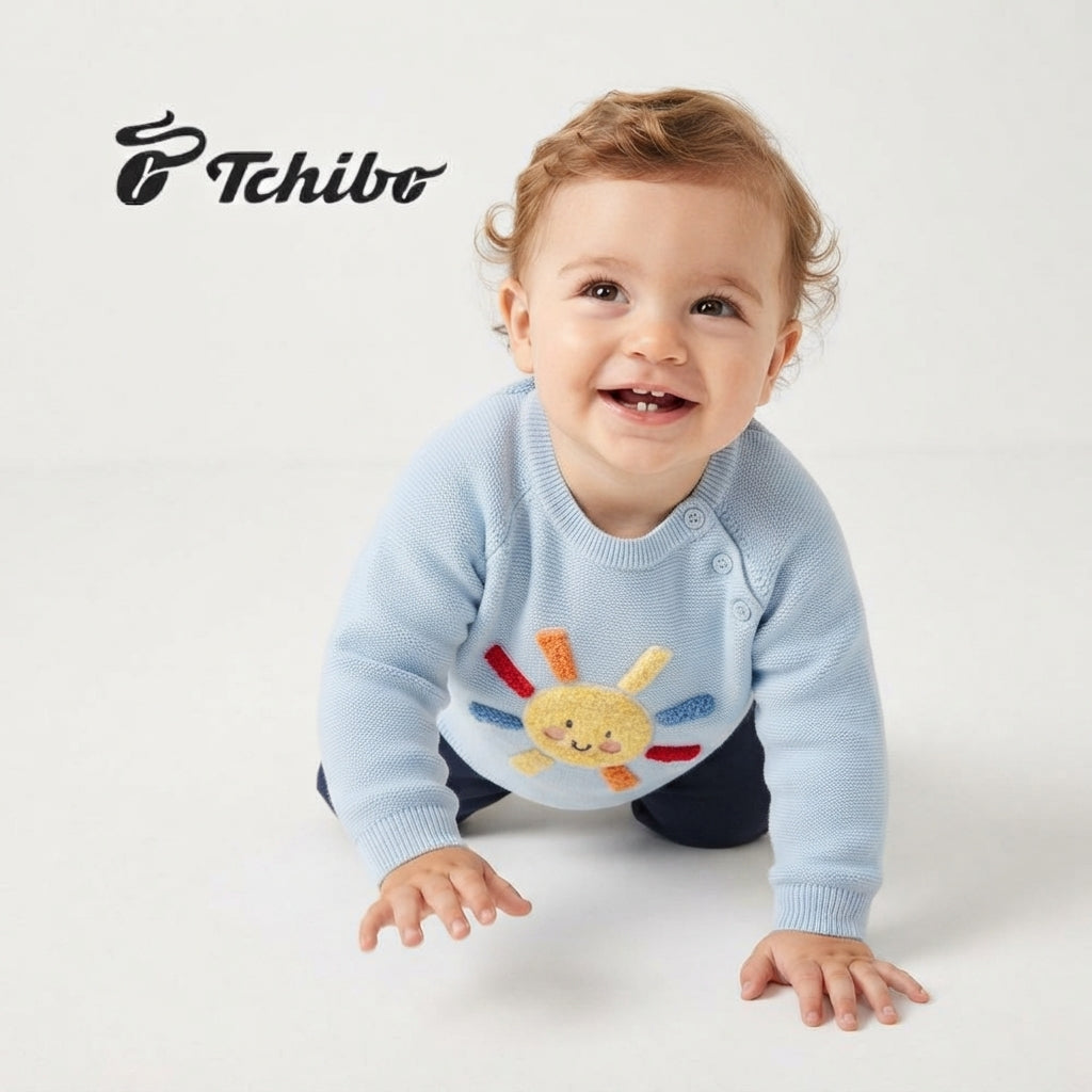 TCHIBO LIGHT BLUE SUN EMBROIDERED KNIT SWEATER