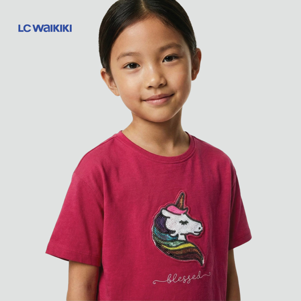 L.C. WAIKIKI T-SHIRT HOT PINK SEQUIN UNICORN