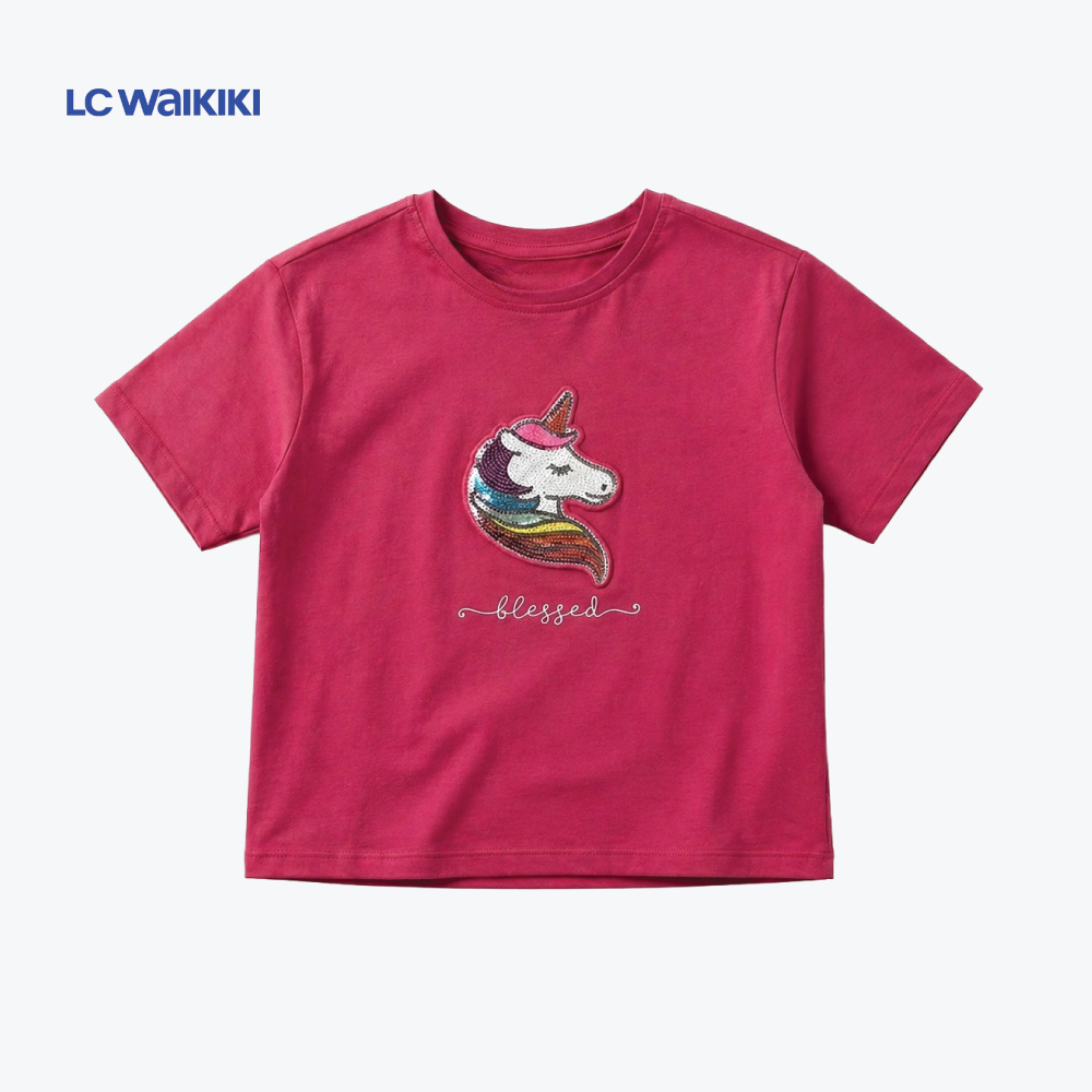 L.C. WAIKIKI T-SHIRT HOT PINK SEQUIN UNICORN