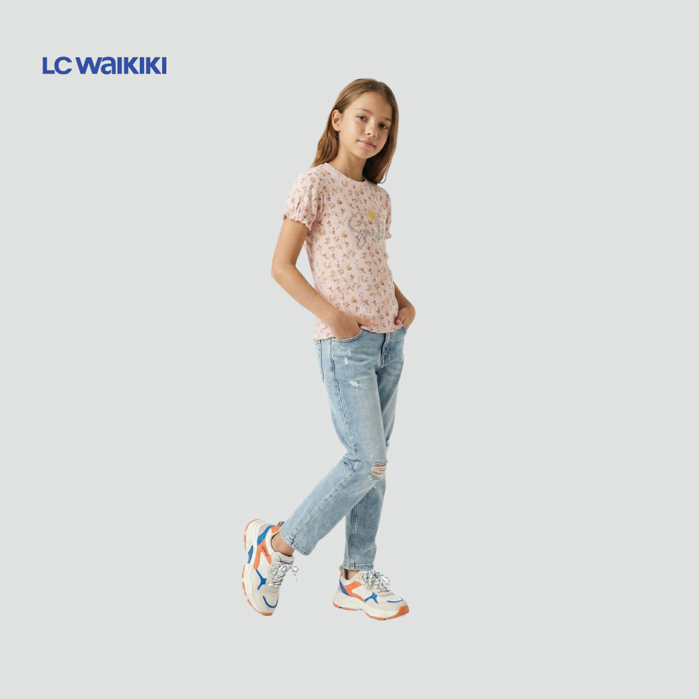 L.C. WAIKIKI T-SHIRT PINK FLOWERS 'SMILE'