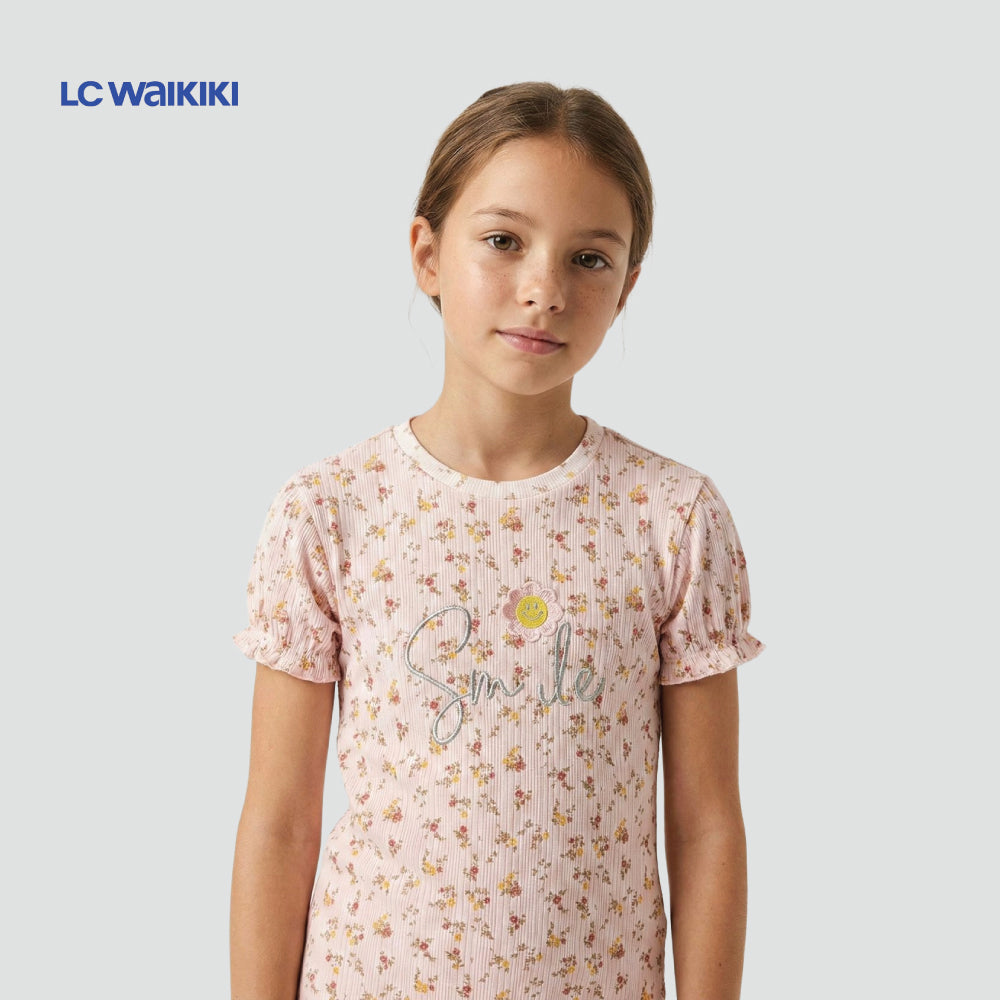 L.C. WAIKIKI T-SHIRT PINK FLOWERS 'SMILE'