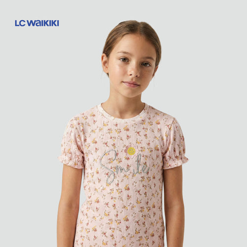 L.C. WAIKIKI T-SHIRT PINK FLOWERS 'SMILE'