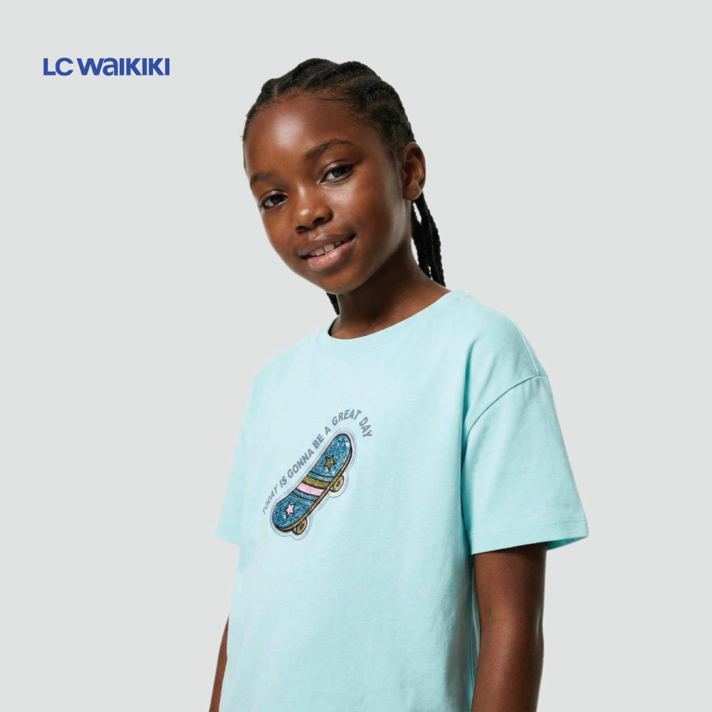 L.C. WAIKIKI T-SHIRT BLUE SEQUIN SKATEBOARD