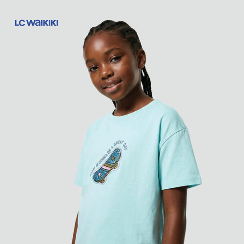 L.C. WAIKIKI T-SHIRT BLUE SEQUIN SKATEBOARD