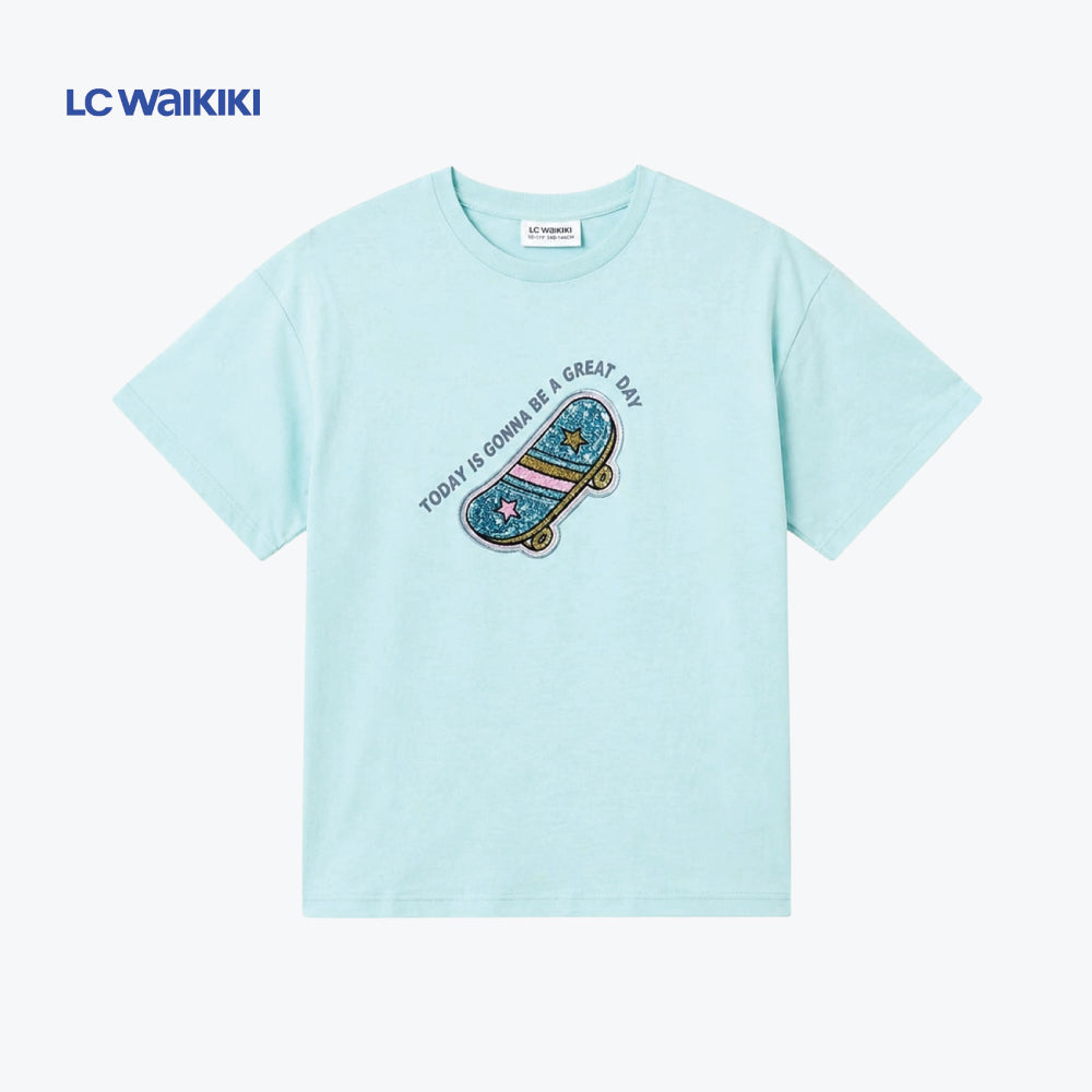 L.C. WAIKIKI T-SHIRT BLUE SEQUIN SKATEBOARD