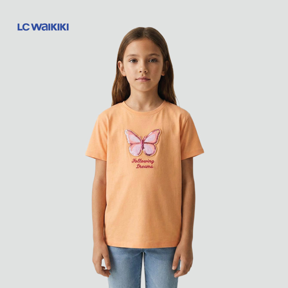LC.WAIKIKI T-SHIRT ORANGE WITH BUTTERFLY SEQUIN