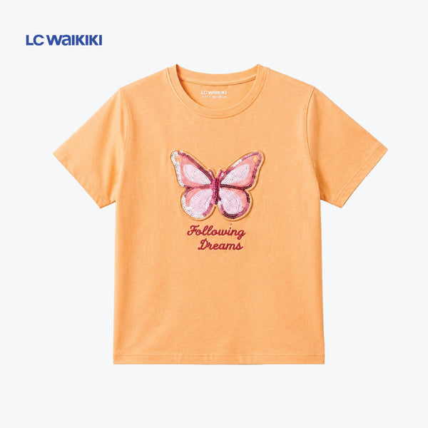 LC.WAIKIKI T-SHIRT ORANGE WITH BUTTERFLY SEQUIN