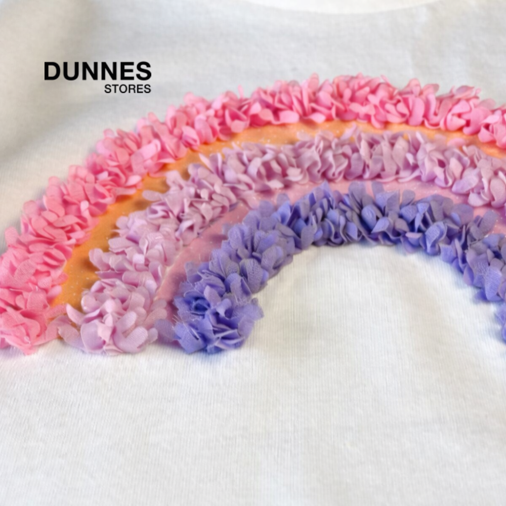 DUNNES WHITE TOP WITH FLORAL RAINBOW APPLIQUE