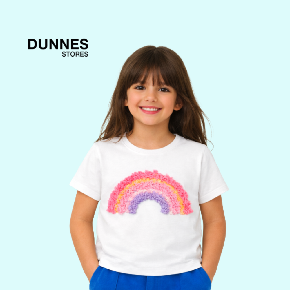 DUNNES WHITE TOP WITH FLORAL RAINBOW APPLIQUE