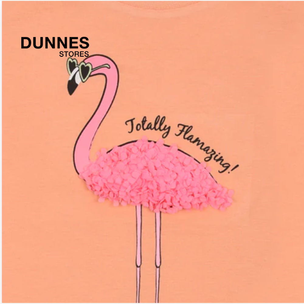 DUNNES PEACH TOP WITH COMFETTI FLAMINGO APPLIQUE