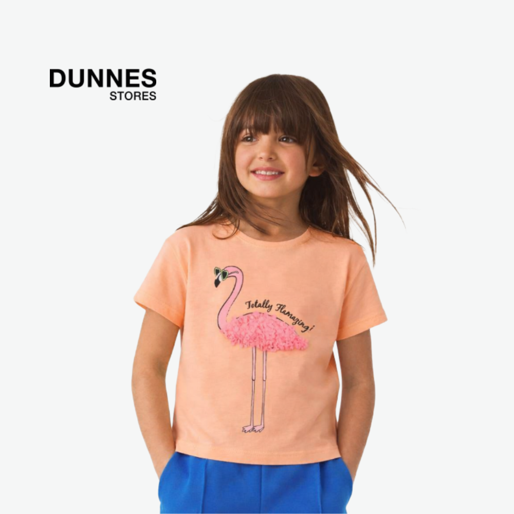 DUNNES PEACH TOP WITH COMFETTI FLAMINGO APPLIQUE