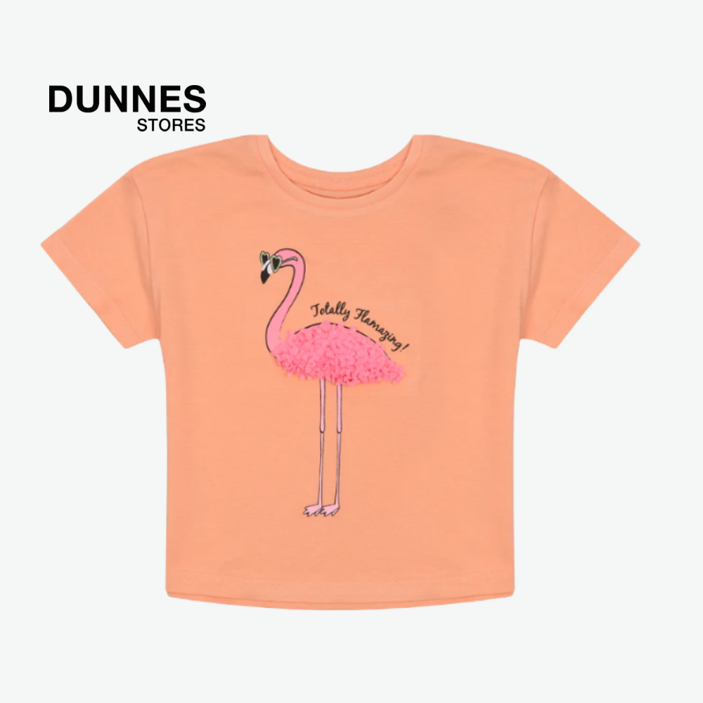 DUNNES PEACH TOP WITH COMFETTI FLAMINGO APPLIQUE