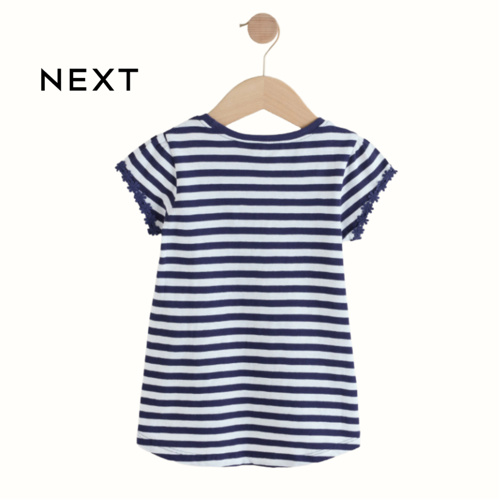 NEXT BLUE AND WHITE STRIPES TOP DAISY TRIM WITH LACE DETAIL