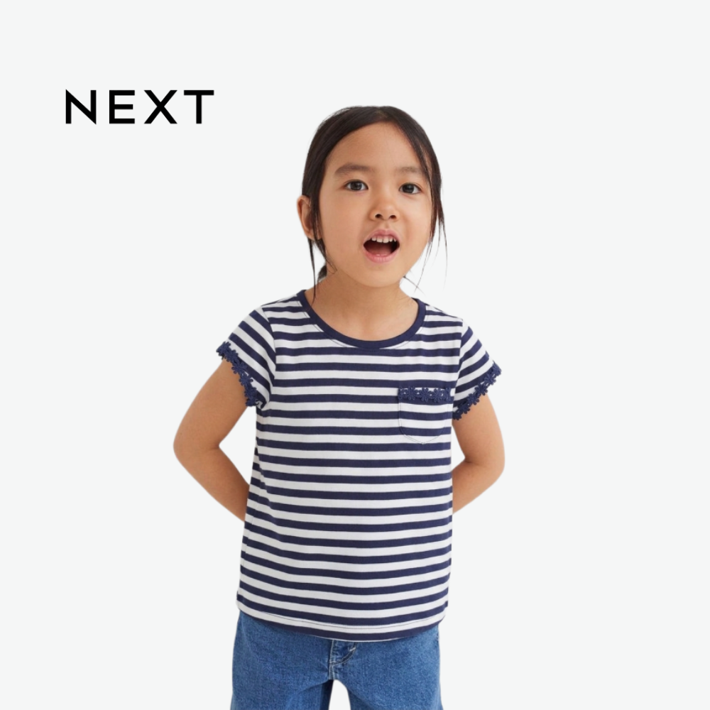 NEXT BLUE AND WHITE STRIPES TOP DAISY TRIM WITH LACE DETAIL
