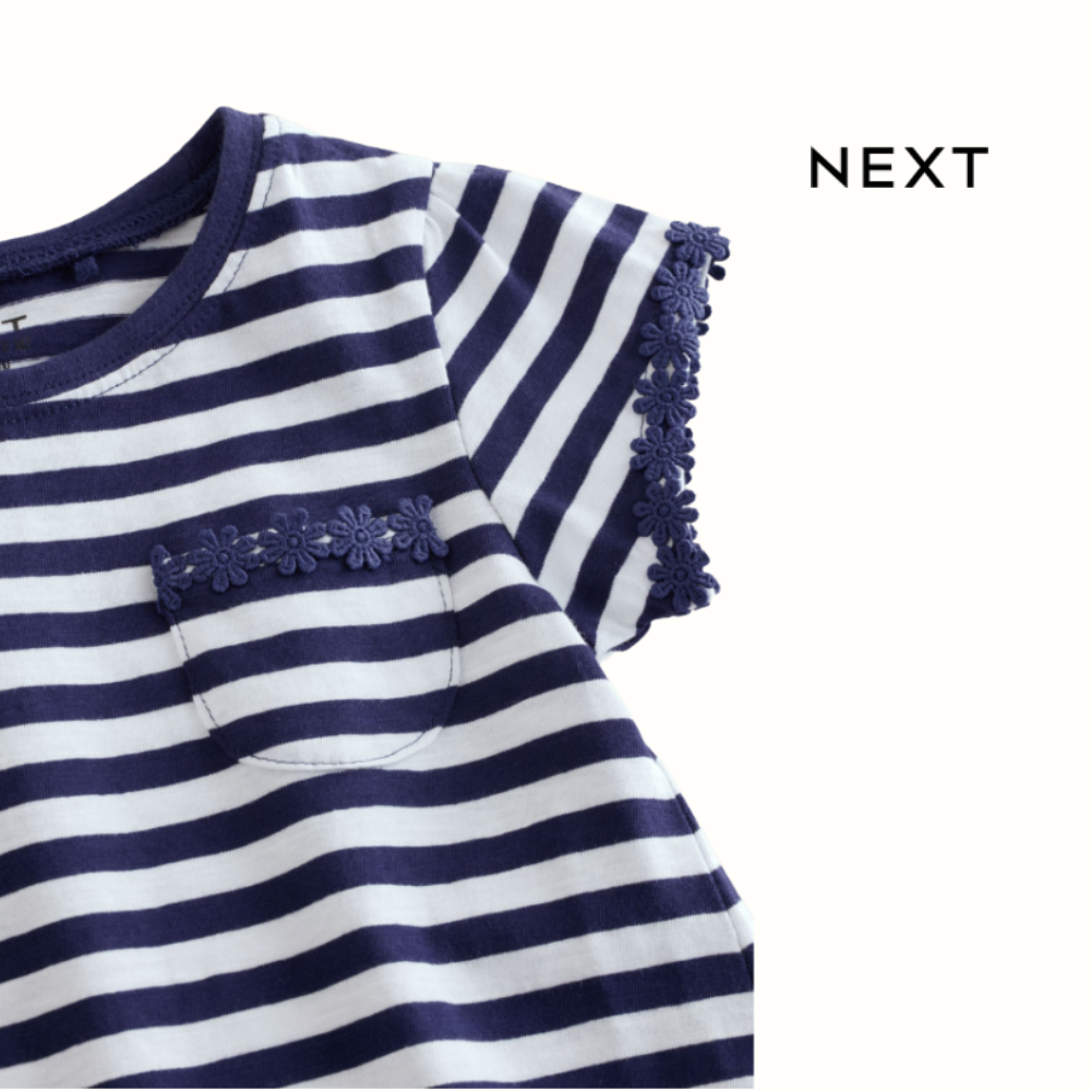 NEXT BLUE AND WHITE STRIPES TOP DAISY TRIM WITH LACE DETAIL