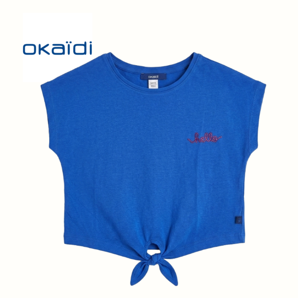 OKAIDI ROYAL BLUE TOP WITH HOT PINK BEADED DETAIL "HELLO"