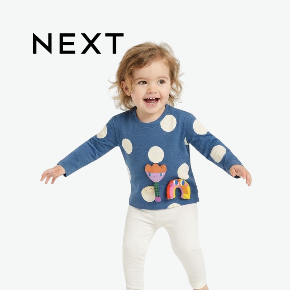 NEXT BLUE DOT & 3D CHARACTER APPLIQUE LONG-SLEEVE TOP