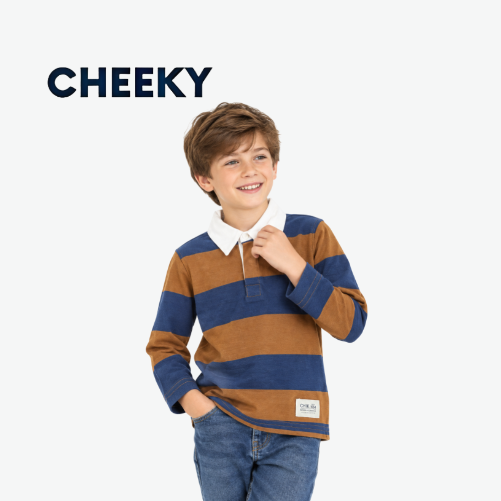 CHEEKY BROWN & BLUE STRIPED FULL SLEEVE RUGBY POLO SHIRT