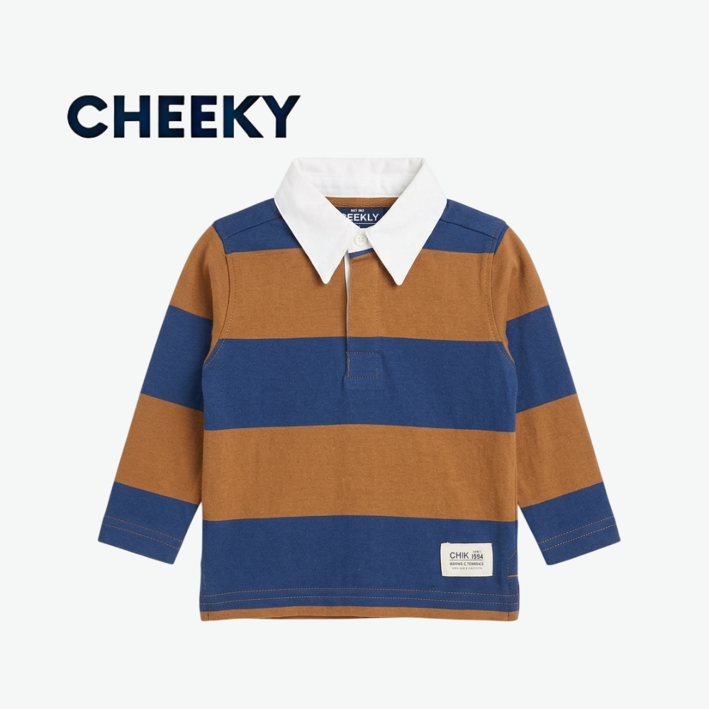 CHEEKY BROWN & BLUE STRIPED FULL SLEEVE RUGBY POLO SHIRT