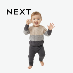 NEXT GREY & BEIGE COLORBLOCK CABLE KNIT SWEATER