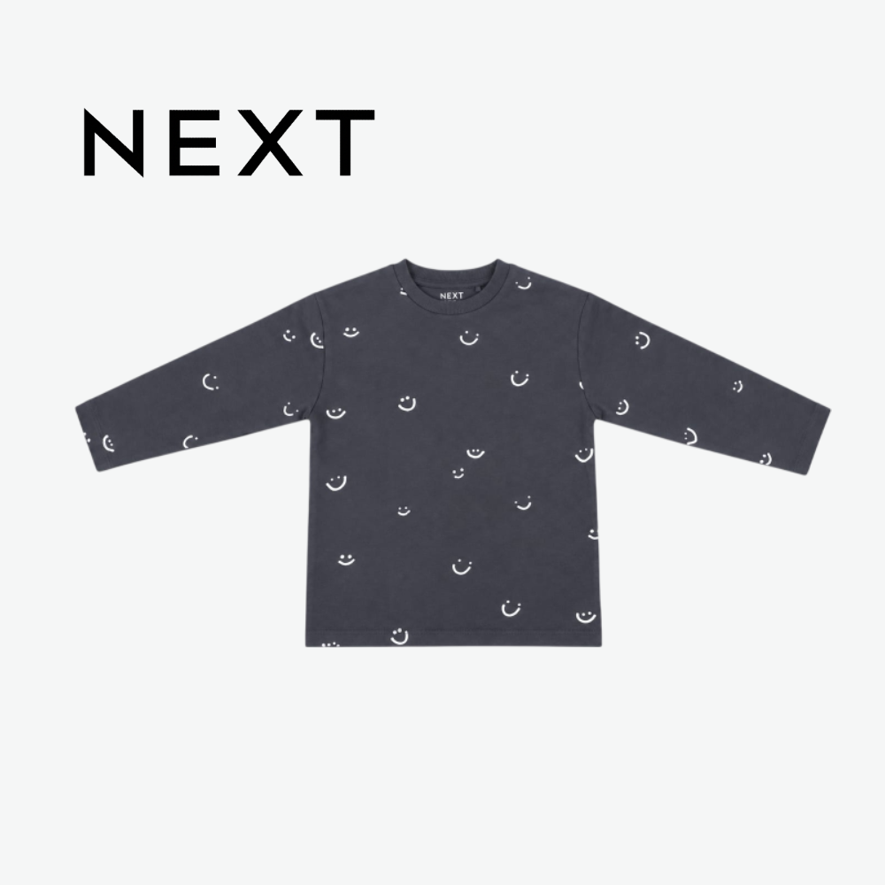 NEXT ALL-OVER SMILEY FACE DARK GREY LONG-SLEEVE T-SHIRT