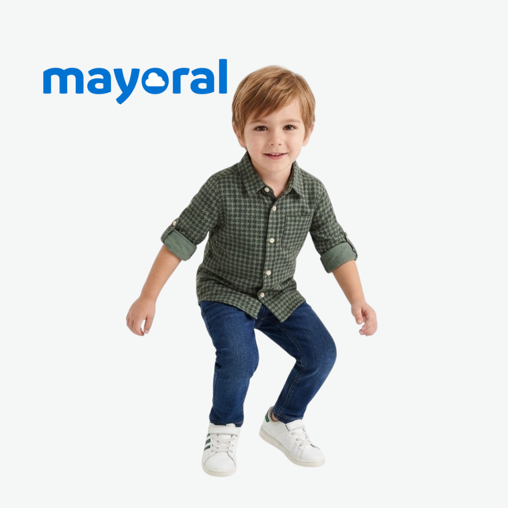 MAYORAL GREEN HOUNDSTOOTH LONG-SLEEVE SHIRT