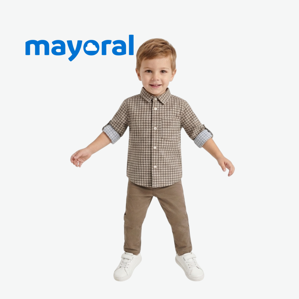 MAYORAL BROWN HOUNDSTOOTH LONG-SLEEVE SHIRT