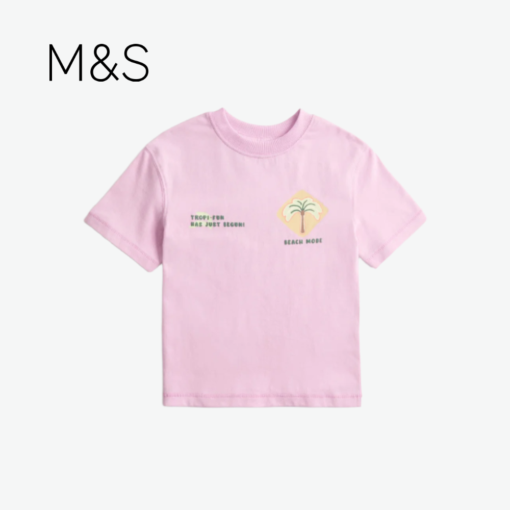 M&S T-SHIRT PINK WITH TROPICAL PRINT