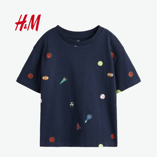 H&M TSHIRT NAVY BLUE SPORTS DOODLE