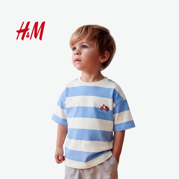 H&M BLUE AND WHITE STRIPED T-SHIRT WITH RED SCOOTER