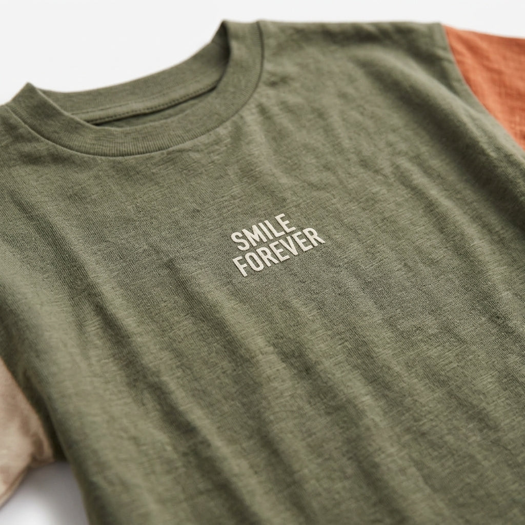 OLIVE GREEN COLOR-BLOCK "SMILE FOREVER" LONG-SLEEVE T-SHIRT