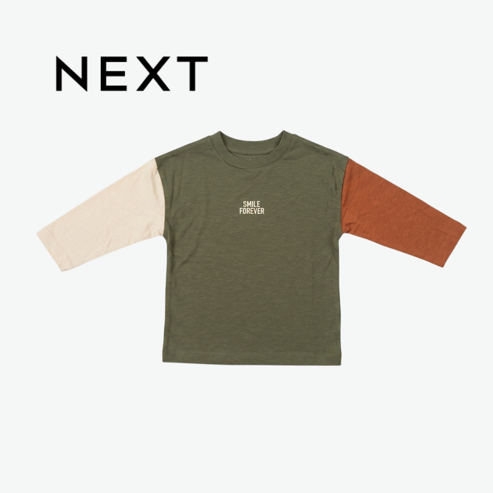 OLIVE GREEN COLOR-BLOCK "SMILE FOREVER" LONG-SLEEVE T-SHIRT