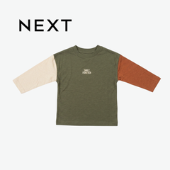 OLIVE GREEN COLOR-BLOCK "SMILE FOREVER" LONG-SLEEVE T-SHIRT