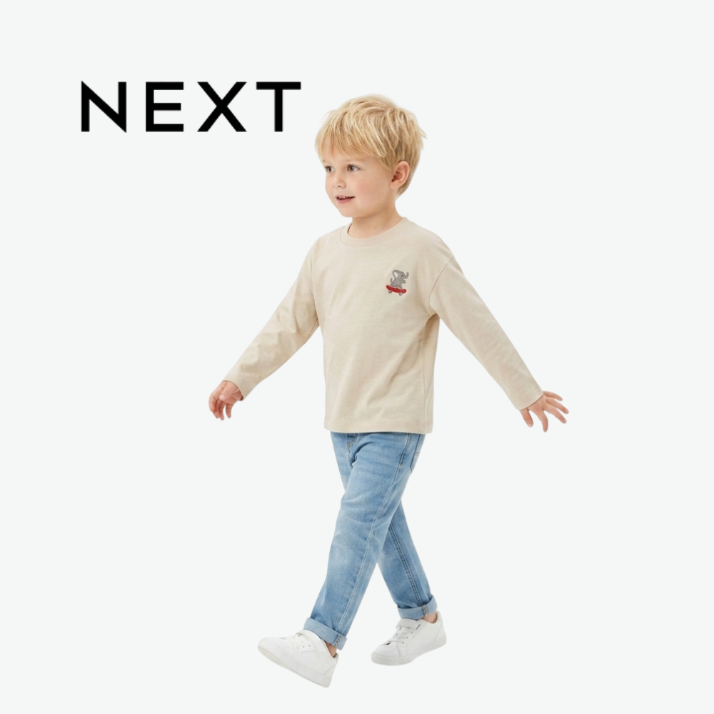 NEXT BEIGE SKATEBOARDING ELEPHANT EMBROIDERED LONG-SLEEVE T-SHIRT