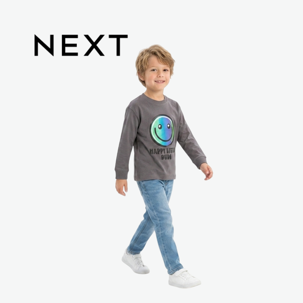 NEXT CHARCOAL GREY HAPPY LITTLE DUDE GRAPHIC LONG-SLEEVE T-SHIRT