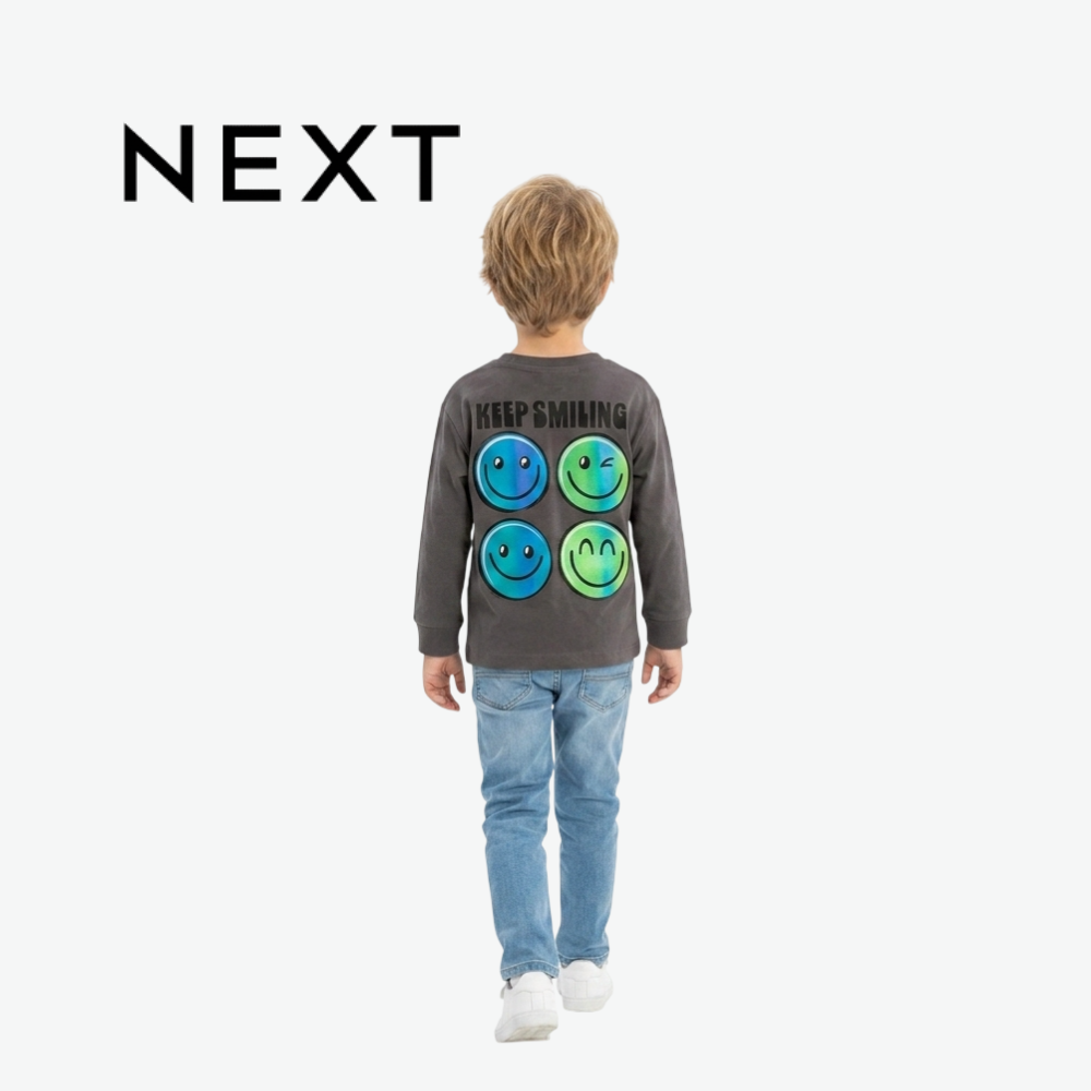 NEXT CHARCOAL GREY HAPPY LITTLE DUDE GRAPHIC LONG-SLEEVE T-SHIRT