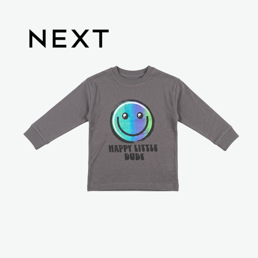 NEXT CHARCOAL GREY HAPPY LITTLE DUDE GRAPHIC LONG-SLEEVE T-SHIRT