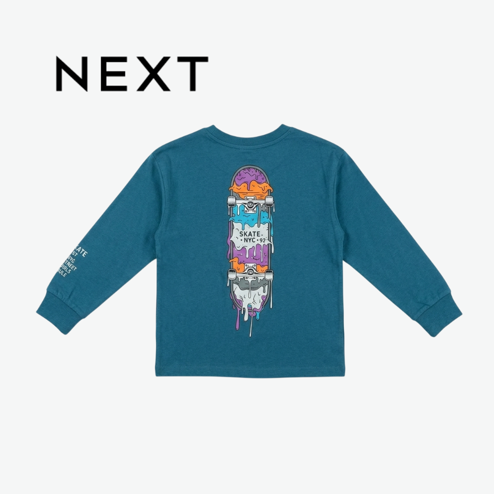 NEXT TEAL BLUE SKATEBOARD GRAPHIC LONG-SLEEVE T-SHIRT