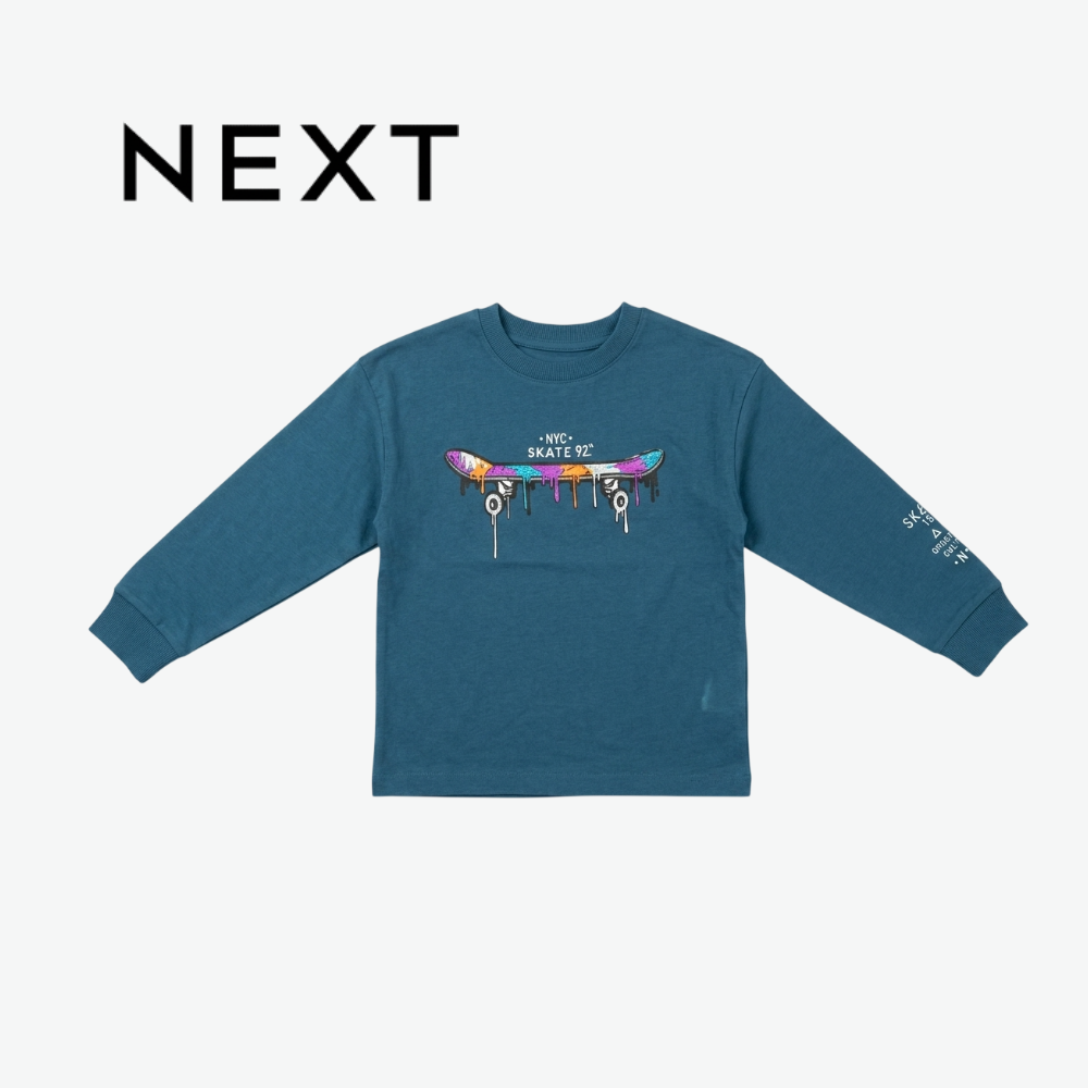 NEXT TEAL BLUE SKATEBOARD GRAPHIC LONG-SLEEVE T-SHIRT