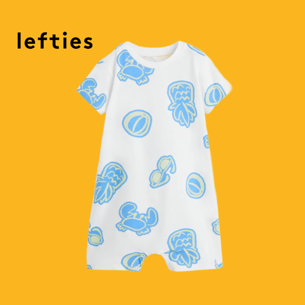 LEFTIES WHITE ROMPER WITH BEACH ELEMENT DOODLES