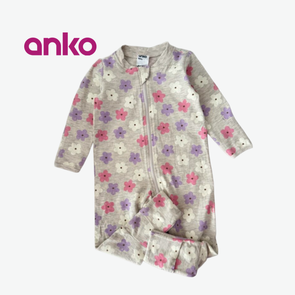 ANKO BABY GIRL ONESIE GREY WITH PASTE PRINT FLOWERS
