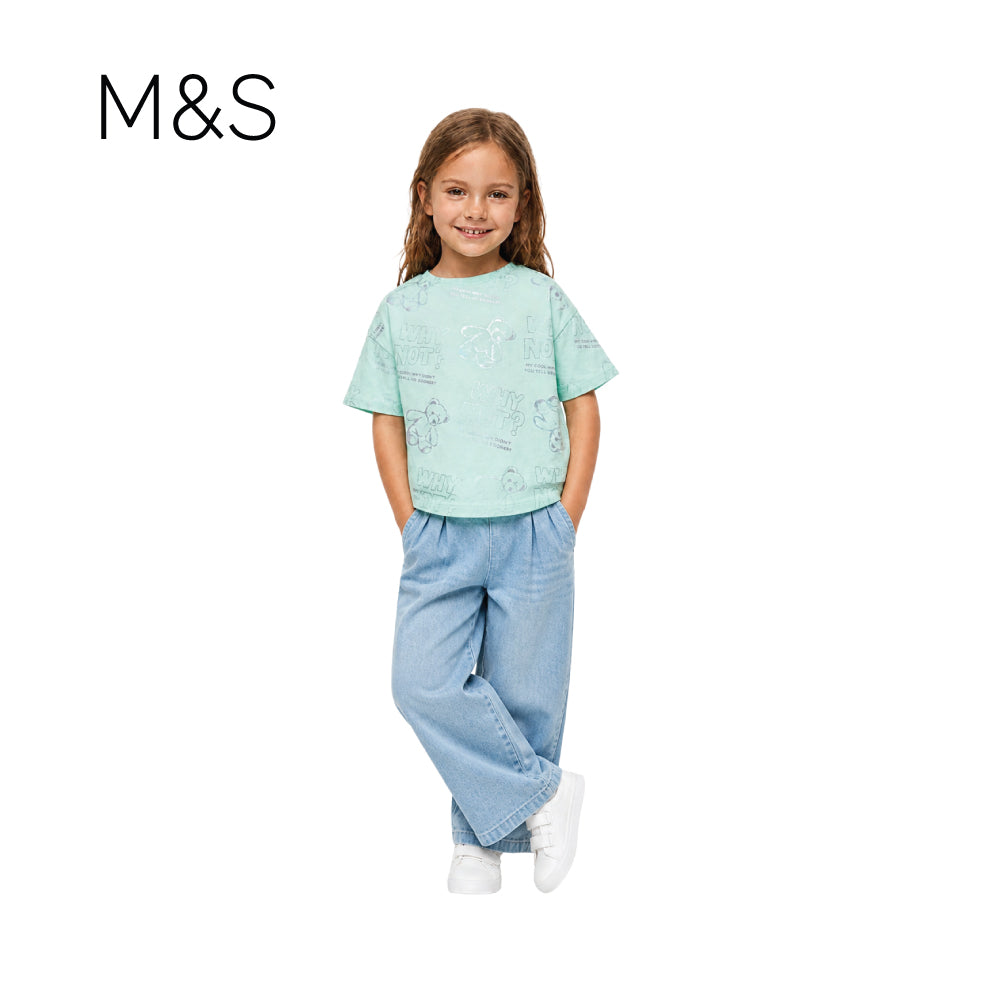M&S T-SHIRT MINT GREEN WITH SILVER TEDDY