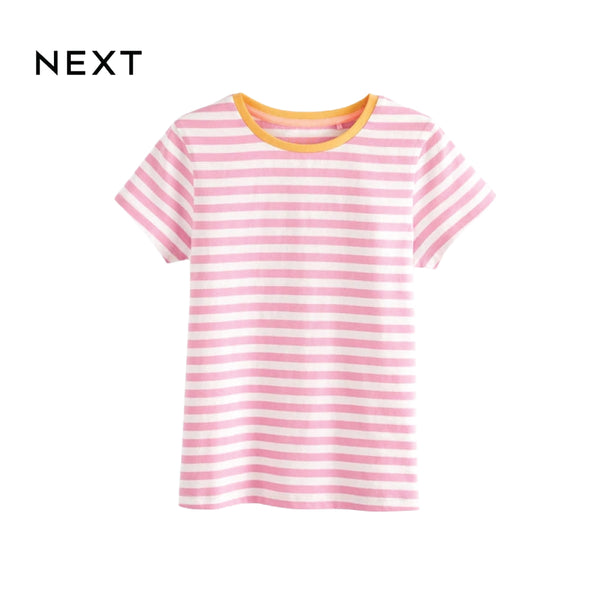 NEXT T-SHIRT PINK STRIPES YELLOW NECKLINE
